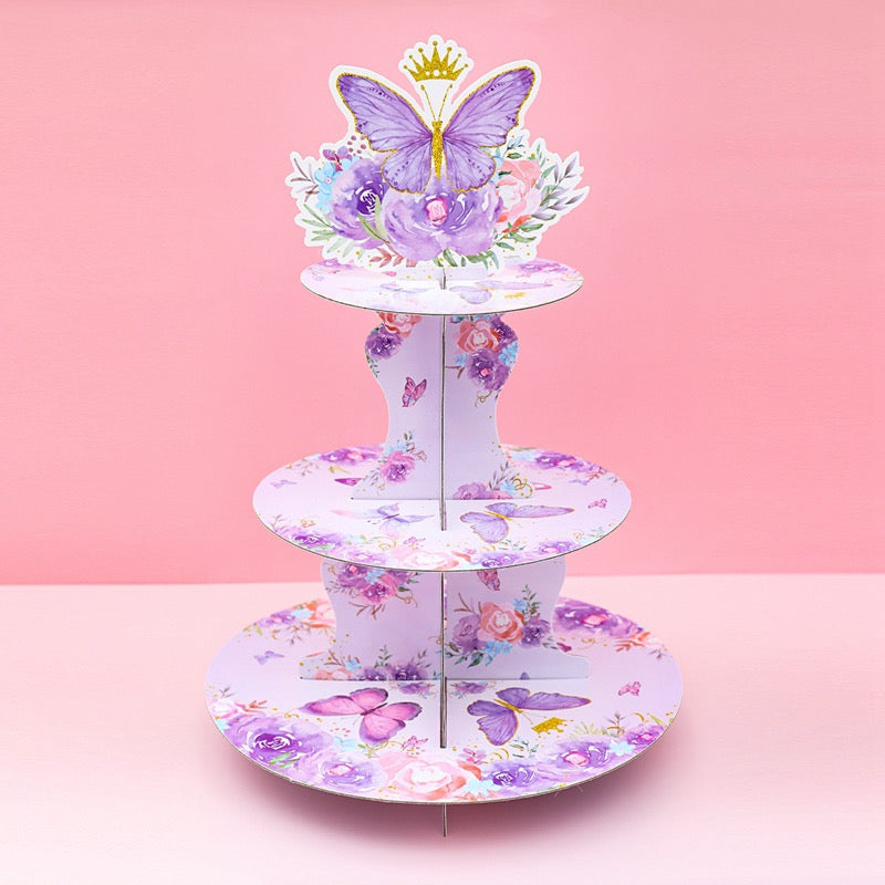 Butterfly Cupcake Stand Decoration 3-Tier Butterfly Floral Crown Cupcake Tower Cardboard Candy Dessert Holder for Spring Butterfly Party Supplies Girl Women Birthday Party Table Decor