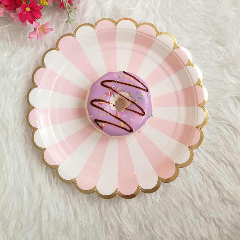 Party Paper Plates, 2pack-16pcs, Disposable Paper Plates, Gold Foil Scalloped Edge, Striped Pastel, 8 Colors, 9-Inch