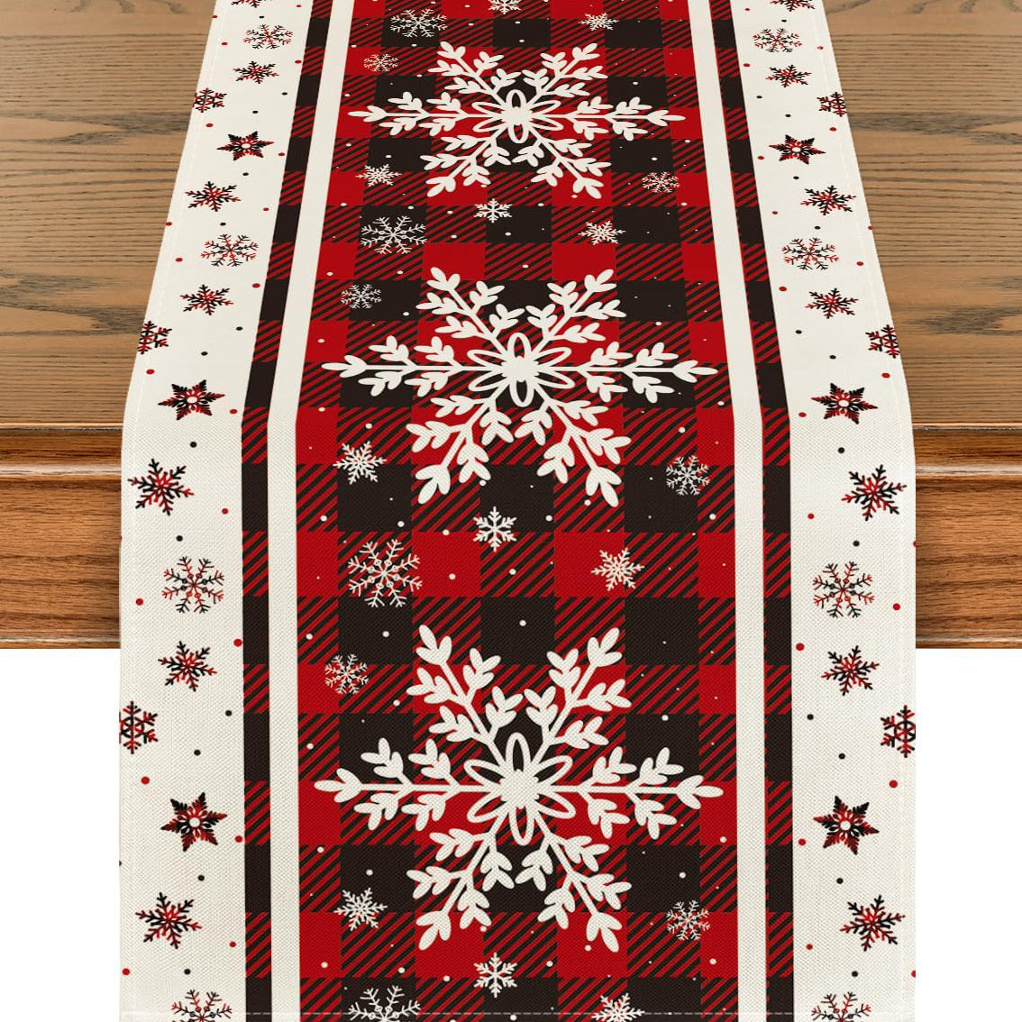 Buffalo Plaid Snowflakes Christmas Table Runner, Seasonal Winter Kitchen Dining Table Decoration for Home Party Decor