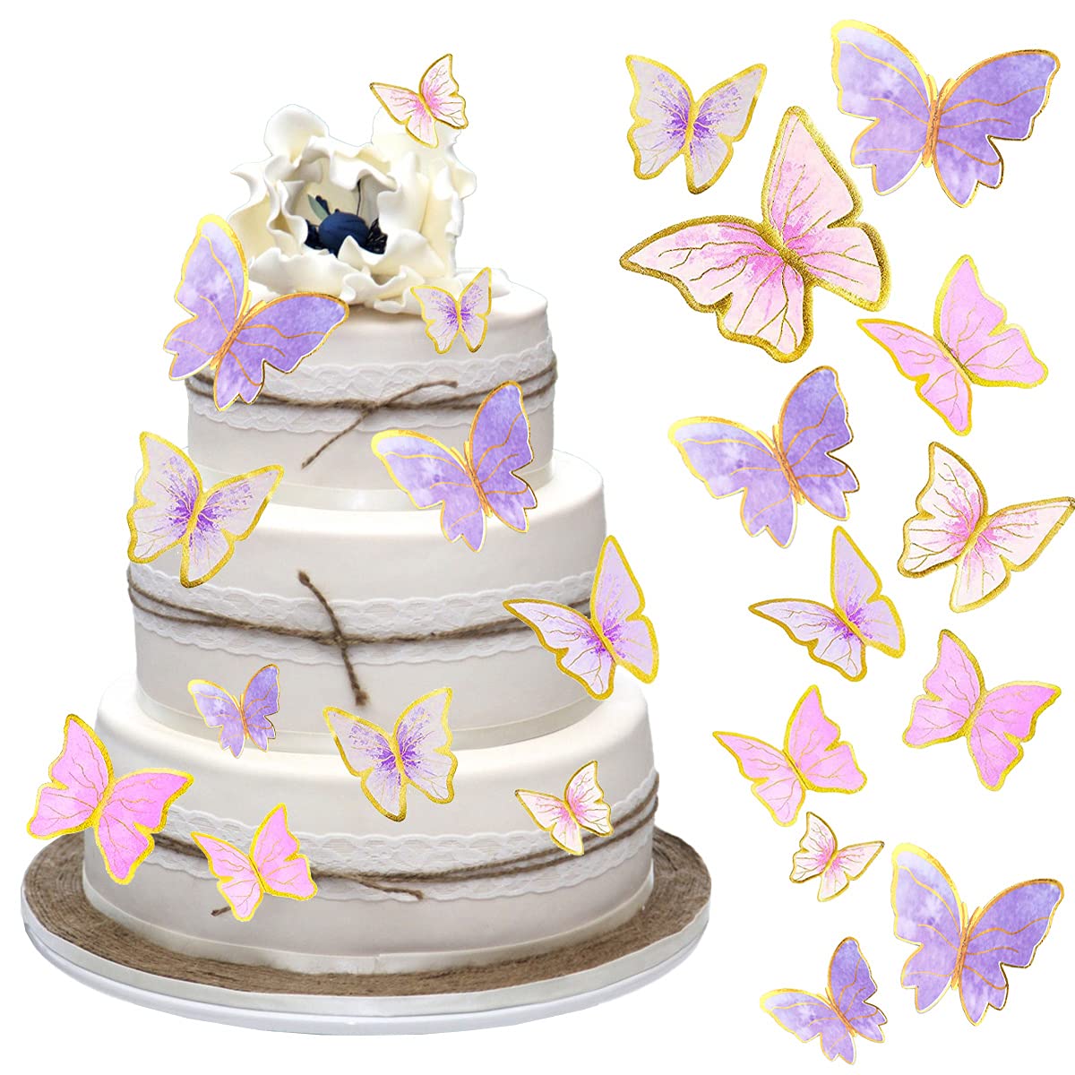 62 Pcs Butterfly Cupcake Topper Pink Purple Gold, Lively 3D Butterflies for Cake Decor Birthday Anniversary Kids Wedding Girl Women Party Wall Food Decorations,Mixed Size