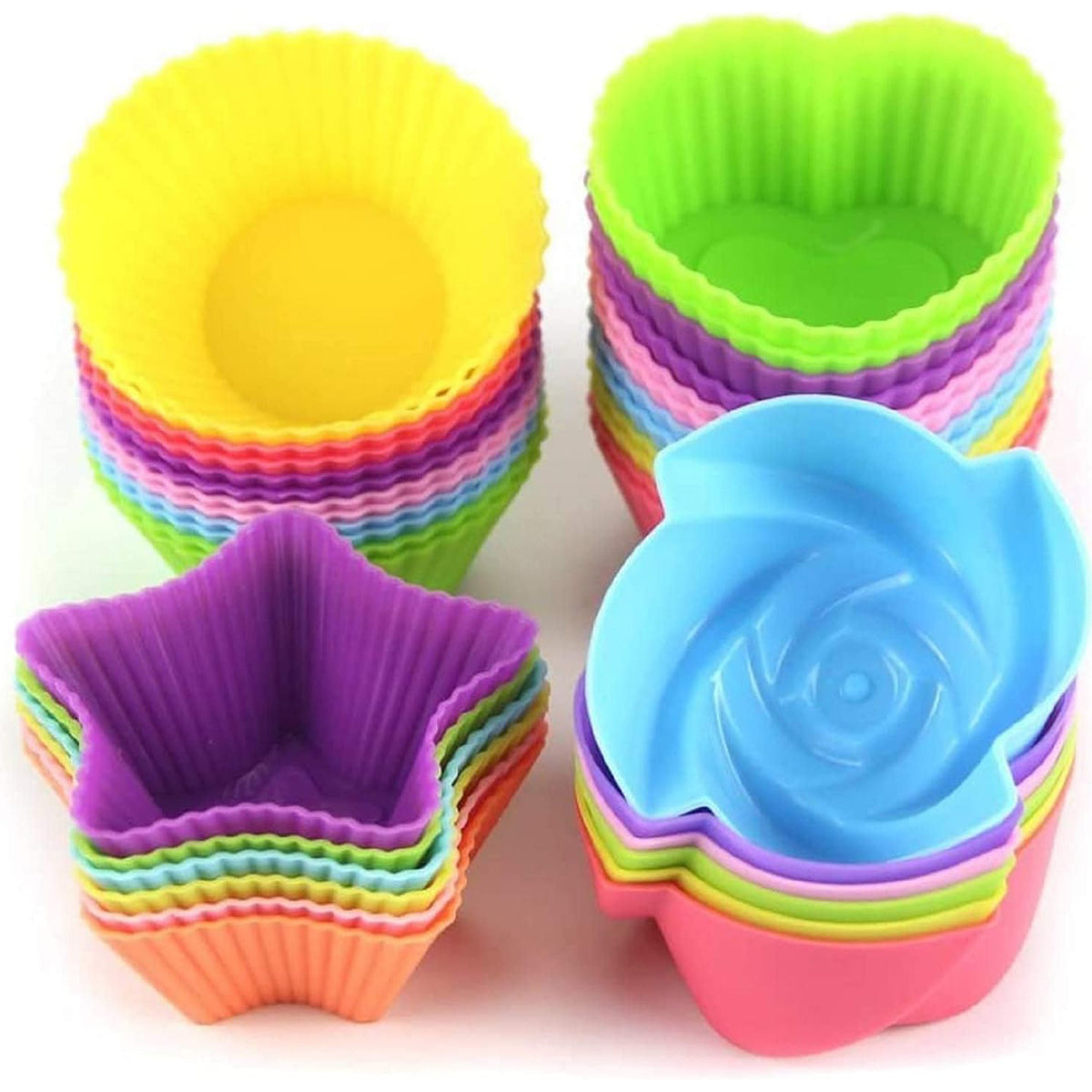 Silicone Cupcake Liners Reusable Baking Cups Nonstick Easy Clean Pastry Muffin Molds 4 Shapes Round, Stars, Heart, Flowers, 24 Pieces Colorful