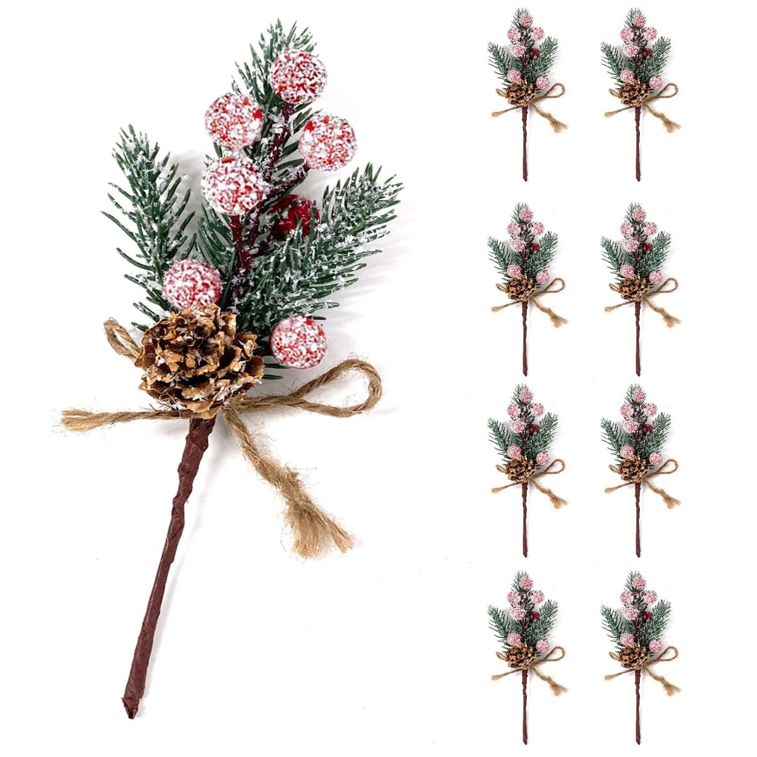 Pine Cone Red Berry Picks Stems Crafts Branch Christmas Wreath - 8 Packs Holly Artificial Evergreen Branches Pine Cones Picks Décor Floral Picks for Christmas Flower DIY Xmas Gifts (2)