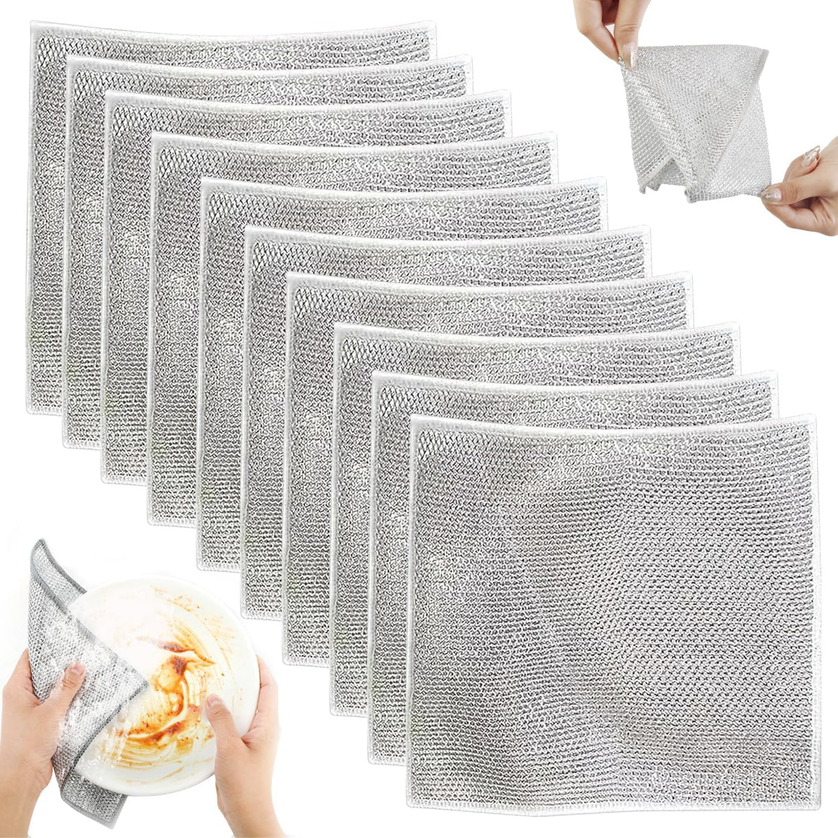 Double Layer Multifunctional Non-Scratch Wire Dishcloth, Steel Wire Dish Towel, Multipurpose Wire Dishwashing Rags for Wet and Dry (10PCS)