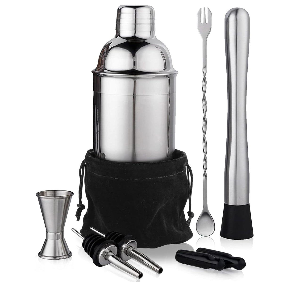 Cocktail Shaker Set Bartender Kit by CHKING, Stainless Steel Martini Shaker, Mixing Spoon, Muddler, Measuring Jigger, Liquor Pourers with Dust Caps and Manual of Recipes, Professional Bar Tools