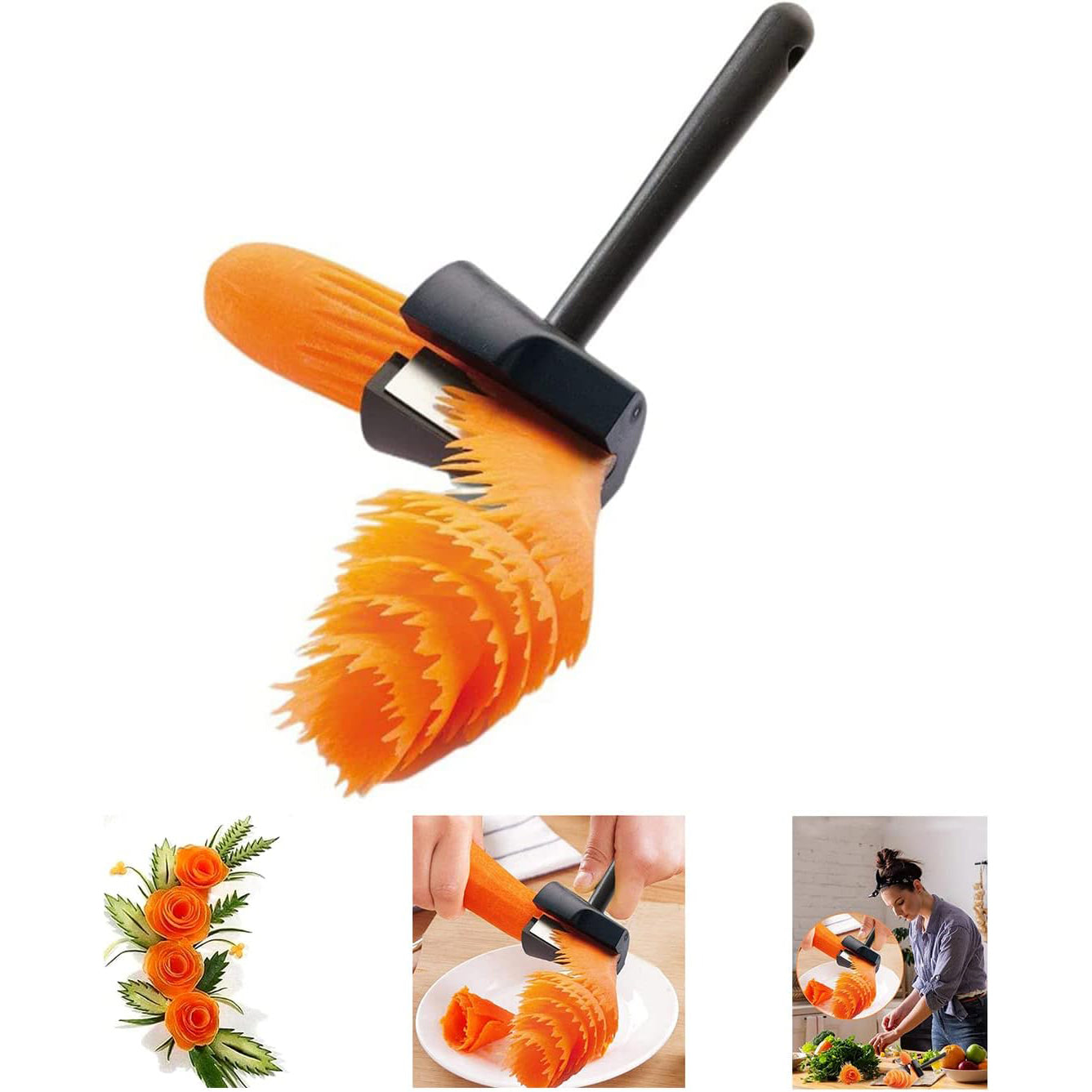 2PCS Spiral Funnel Flower Roller - Carrot Curler and Peeler, Carrot Spiral Shred Slicer, Carrot Vegetable Cutter Spiral Slicer, Flower Roller Peeler Spiral Knife for Kitchen Shredded Tool