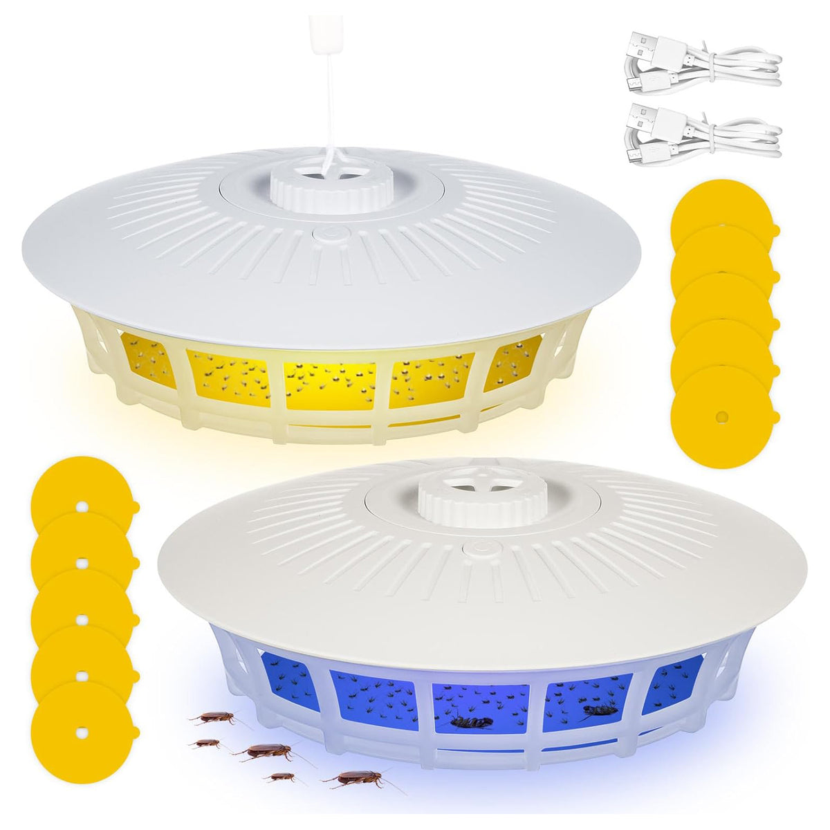 2 Pack Flea Traps for Inside Your Home with 10 Sticky Refill Discs & 4 LED Light Modes Flea Trap Light for Indoor, Flea Catcher Killer for Fleas Flies Mosquitoes Moths for Home, White