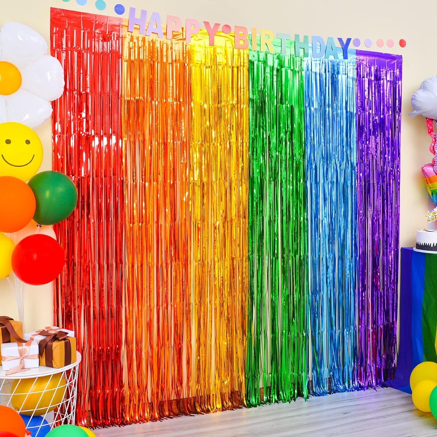 Rainbow Foil Fringe Curtains, Rainbow Party Decorations Tinsel Metallic Streamers Holiday Photo Booth Props Backdrop for Birthday Wedding Engagement Bridal Shower Unicorn