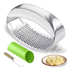 Garlic Press Rocker Heavy Duty Stainless Steel Garlic Mincer Garlic Crusher Garlic Chopper with Peeler And Scraper for Smash Garlic Built-in Bottle Opener