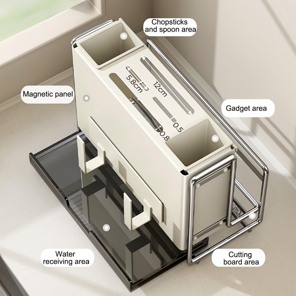 Magnetic Knife Holder, Multifunctional Integrated Storage Rack, Countertop/Wall-Mounted Dual-Purpose Knife Holder, with Drain Tray, No Installation Or Drilling Required