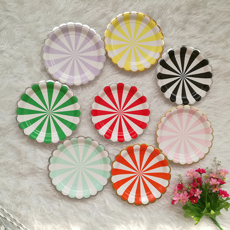 Party Paper Plates, 2pack-16pcs, Disposable Paper Plates, Gold Foil Scalloped Edge, Striped Pastel, 8 Colors, 9-Inch