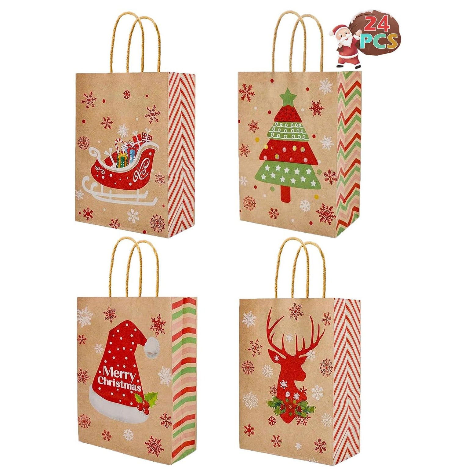 24Pcs Christmas Gift Bags Christmas Kraft Paper Bags, Christmas Goody Bags Small Christmas Gift Bags with Handles Xmas Treat Bags for Holiday Paper Gift Bags Party Gift Bags Party Supplies