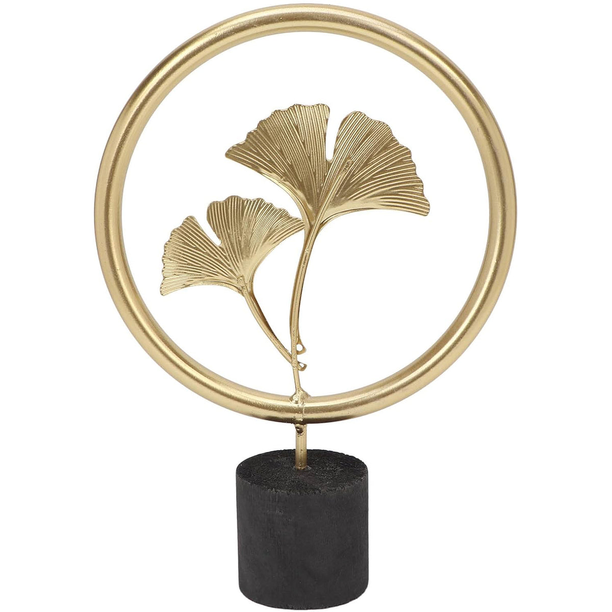 Ginkgo Leaf Statue Round Gold Metal Ginkgo Figure with Wooden Base, Hand Crafted Minimalist Lines Sculpture Ornaments for Desktop Bookshelf Decor