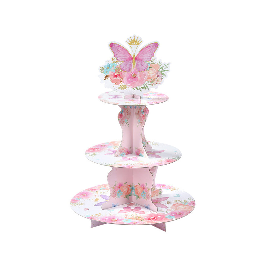 Butterfly Cupcake Stand Decoration 3-Tier Butterfly Floral Crown Cupcake Tower Cardboard Candy Dessert Holder for Spring Butterfly Party Supplies Girl Women Birthday Party Table Decor