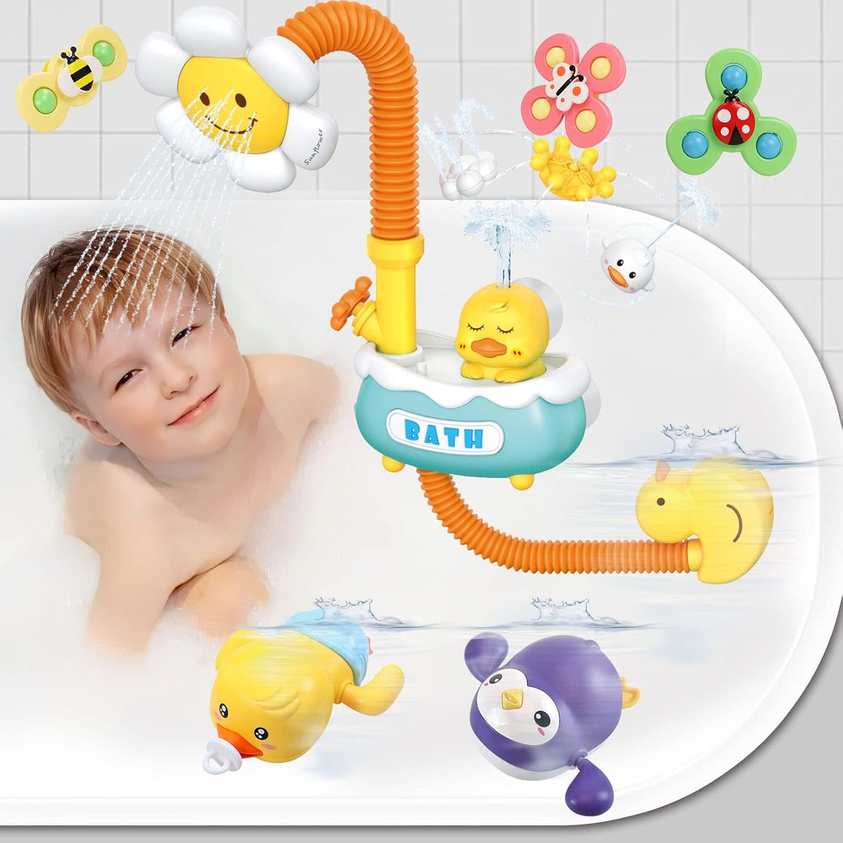 Bath Toy Bathtub Toy with Electric Shower Bath Letters, Organizer Mesh Net, Chritsmas Gift for Toddlers, Kids and Babies