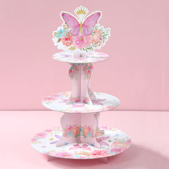 Butterfly Cupcake Stand Decoration 3-Tier Butterfly Floral Crown Cupcake Tower Cardboard Candy Dessert Holder for Spring Butterfly Party Supplies Girl Women Birthday Party Table Decor