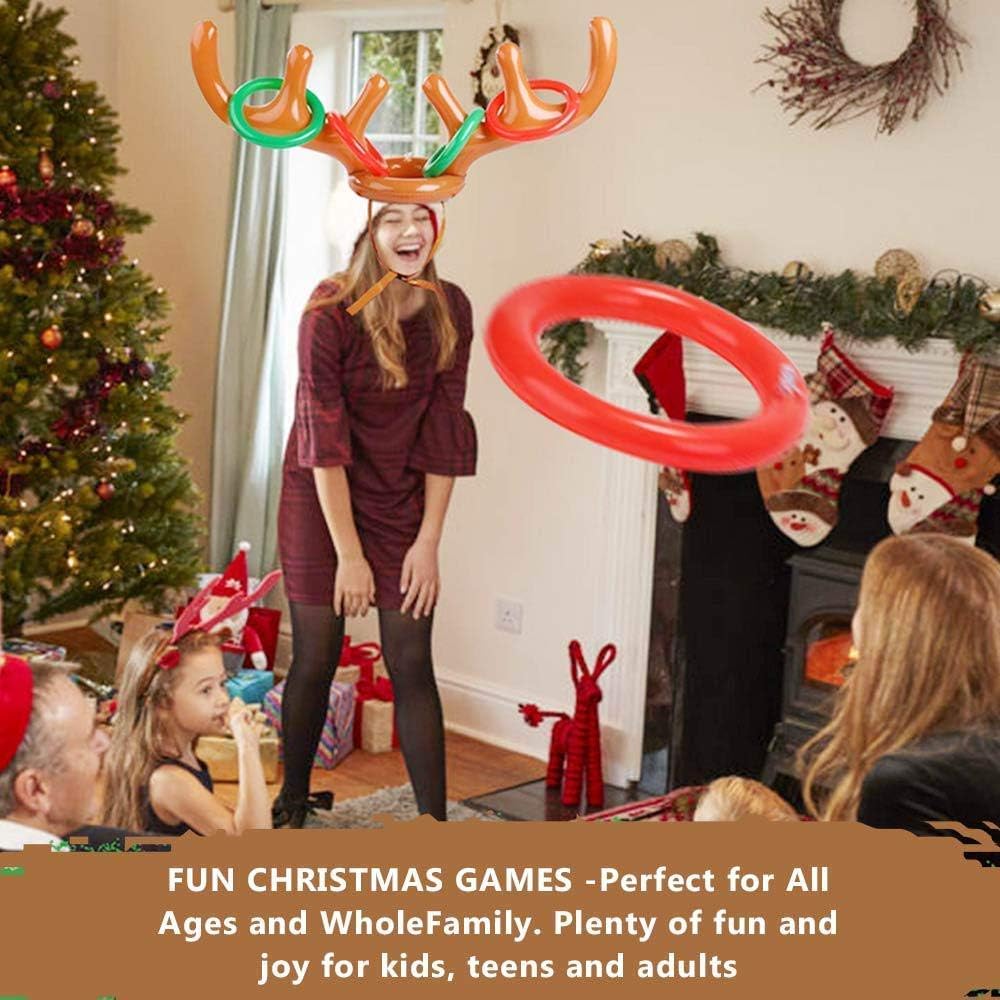 2PCS Christmas Party Toss Game Inflatable Reindeer Antler Hat with Rings for Kids Adults Family Xmas Fun Games(1 Pump，12 Rings, 2 Antlers)