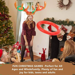 2PCS Christmas Party Toss Game Inflatable Reindeer Antler Hat with Rings for Kids Adults Family Xmas Fun Games(1 Pump，12 Rings, 2 Antlers)