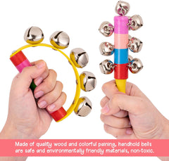 4pcs Hand Jingle Bells Hand Sleigh Bells Rainbow Rattles Bell Handhold Wooden Bells with Handle Musical Instrument Gifts School Desk Ring Bell for Education Party Christmas