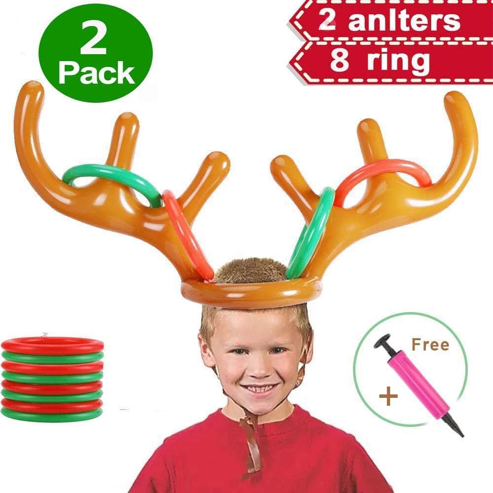 2PCS Christmas Party Toss Game Inflatable Reindeer Antler Hat with Rings for Kids Adults Family Xmas Fun Games(1 Pump，12 Rings, 2 Antlers)