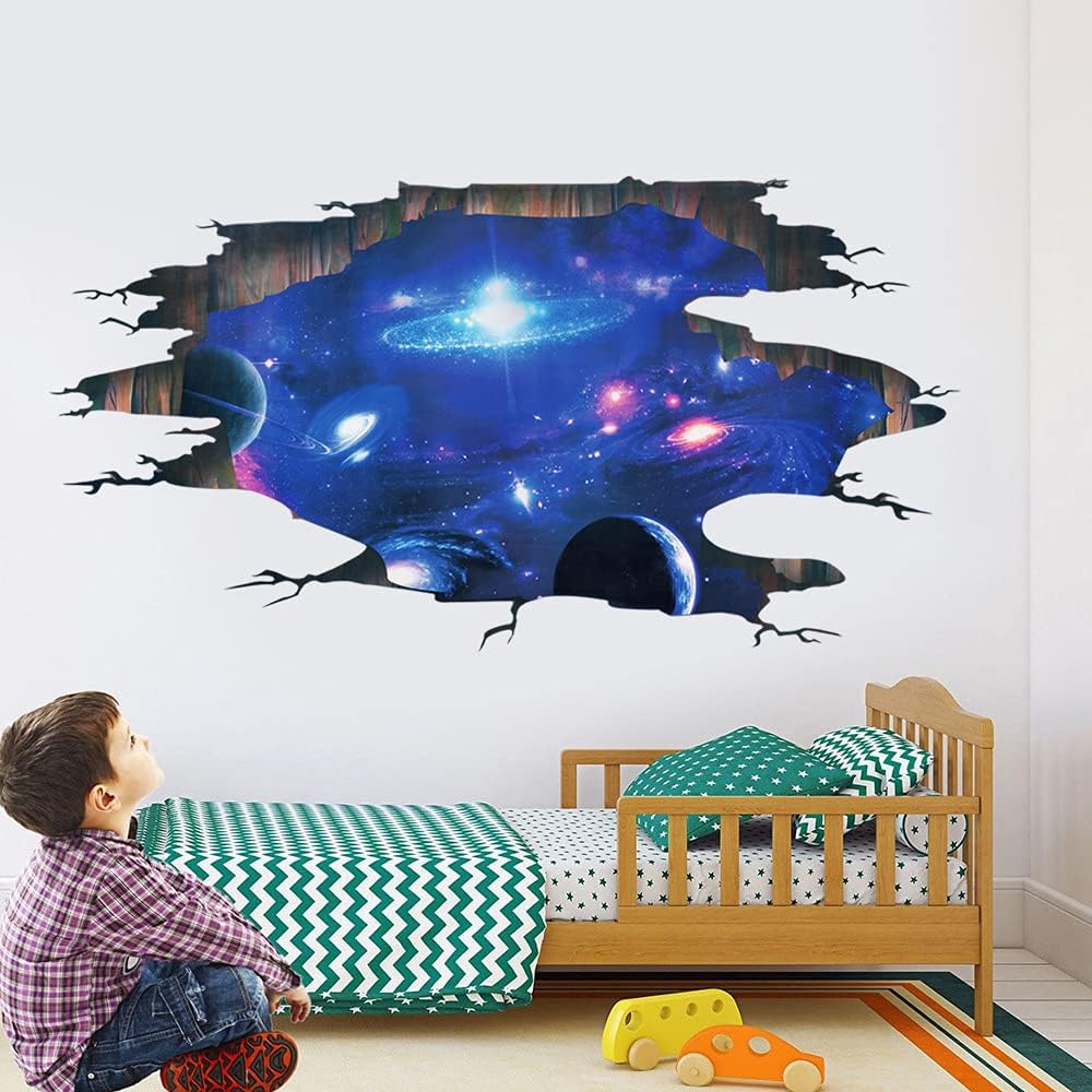 Creative 3D Blue Cosmic Galaxy Wall Decals Removable PVC Magic 3D Milky Way Outer Space Planet Window Wall Stickers Murals Wallpaper Decor for Home Walls Floor Ceiling Boys Room Kids Bedroom