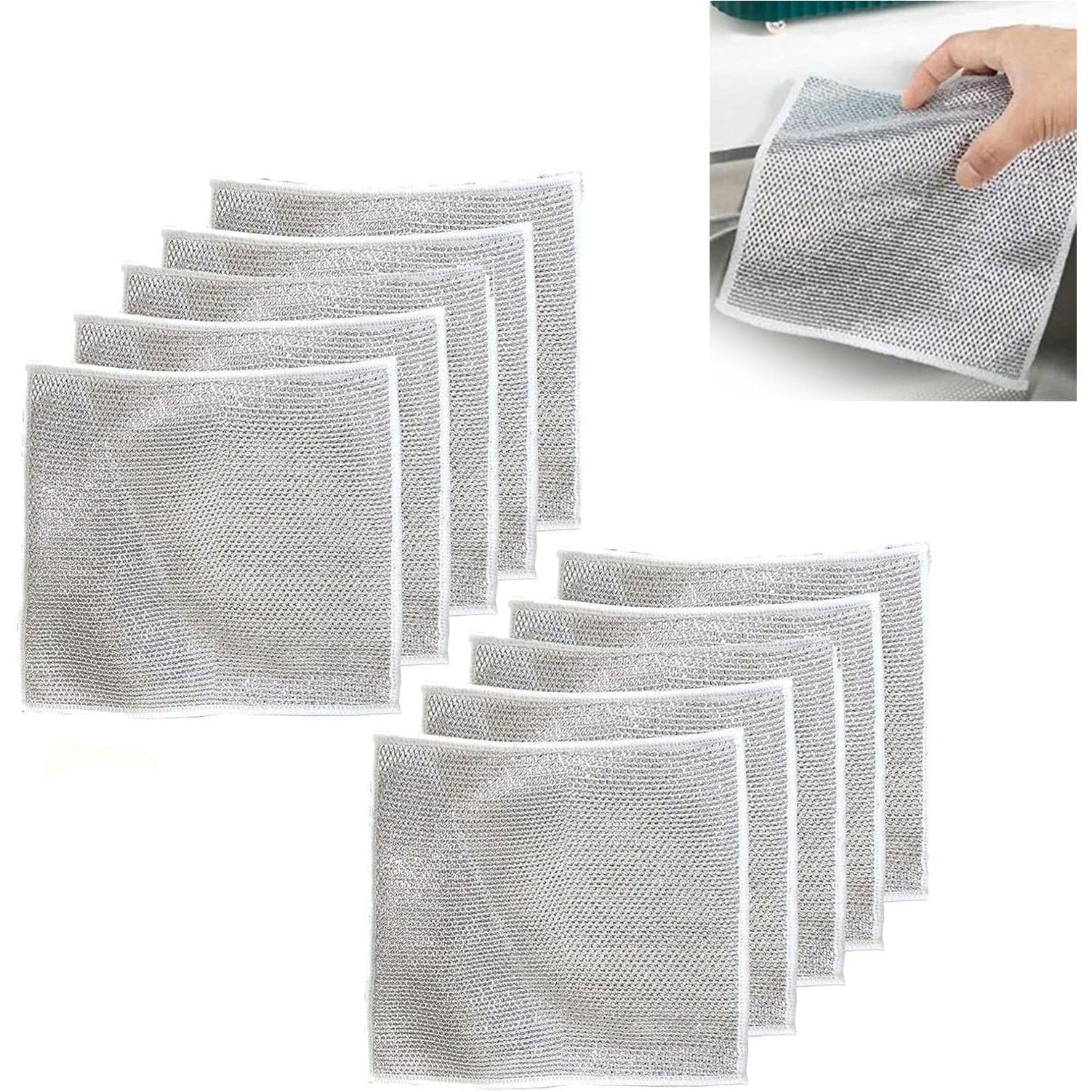 Double Layer Multifunctional Non-Scratch Wire Dishcloth, Steel Wire Dish Towel, Multipurpose Wire Dishwashing Rags for Wet and Dry (10PCS)