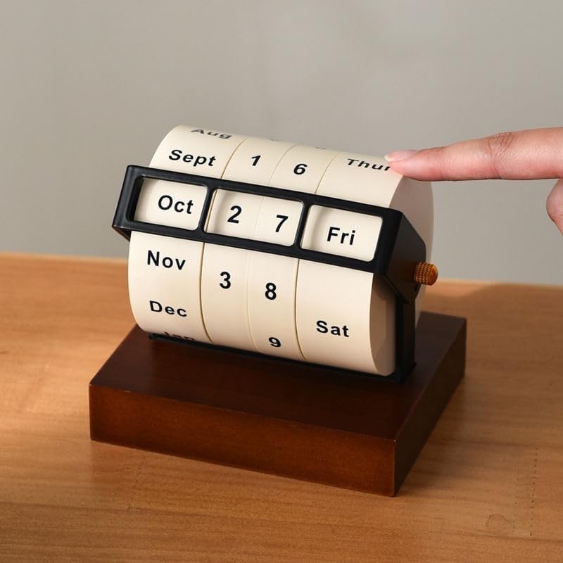 Rotary Perpetual Desk Calendar,Wooden Wheeling Calendar Month Week Day Date Display for Home Office,Reusable Reminder List Travel Record Card (Wheel Perpetual Calendar)