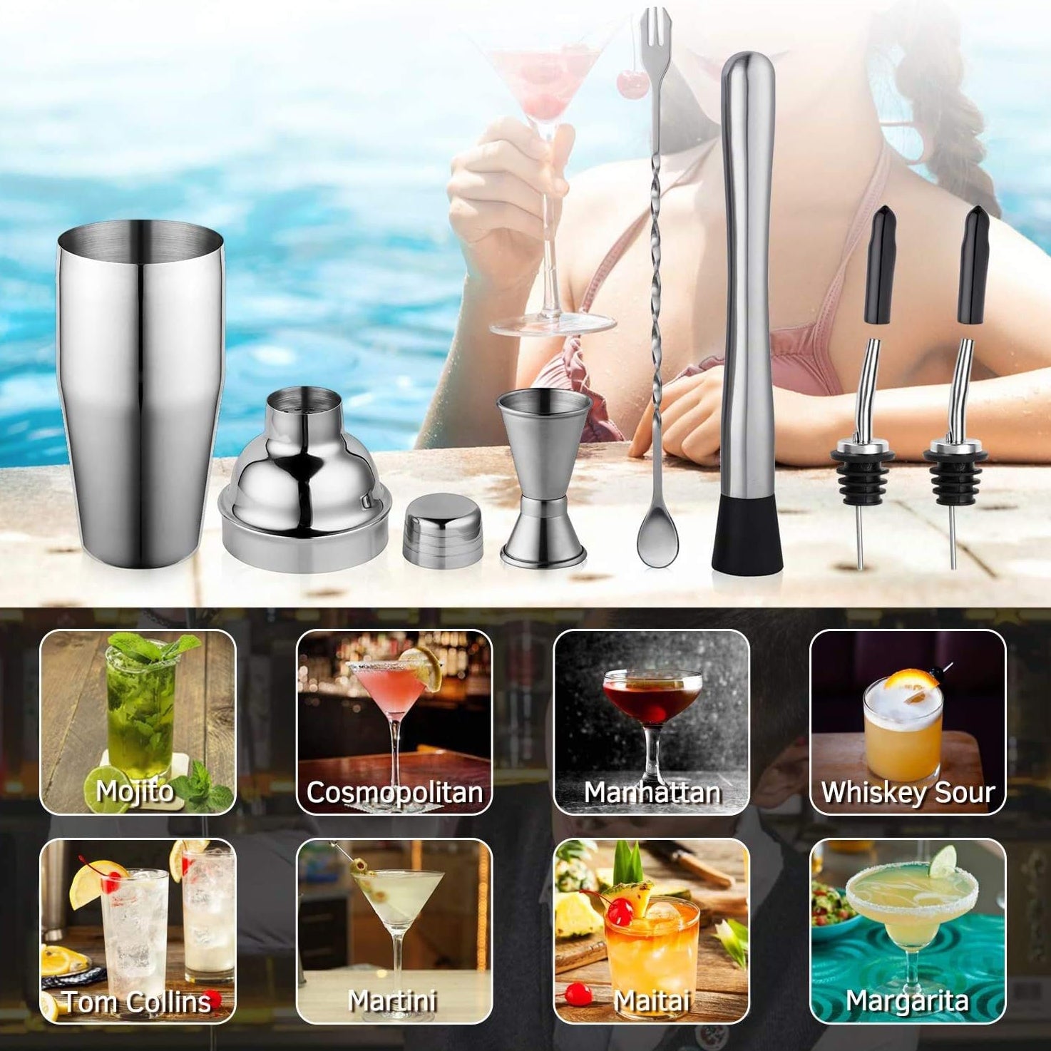 Cocktail Shaker Set Bartender Kit by CHKING, Stainless Steel Martini Shaker, Mixing Spoon, Muddler, Measuring Jigger, Liquor Pourers with Dust Caps and Manual of Recipes, Professional Bar Tools