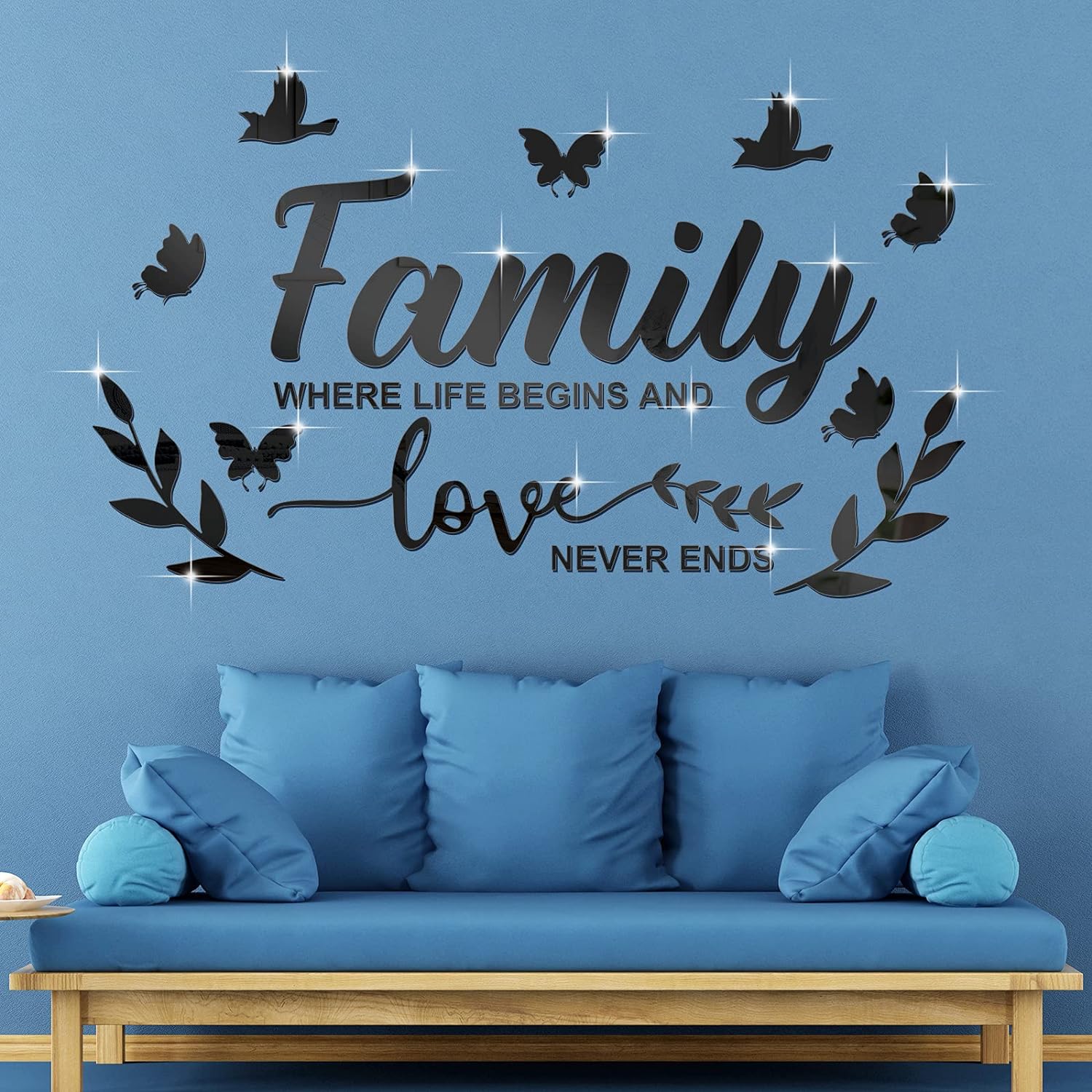 Mirror Family Wall Decor 3D Acrylic Wall Decal Stickers Family Letter Quotes Mirror Decor DIY Removable Wall Art Decals Motivational Butterfly Mural Stickers for Home Decor (Silver)