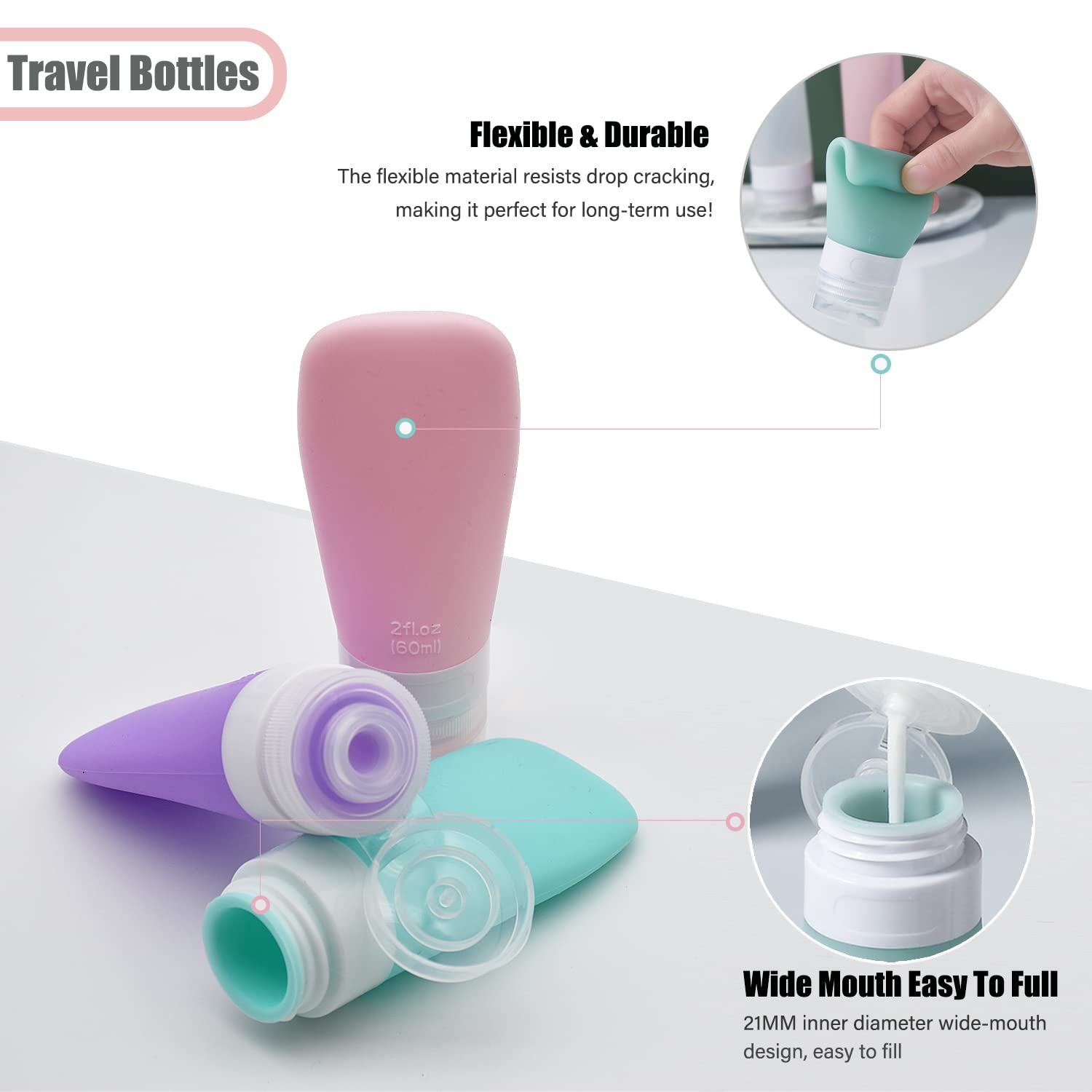 Leak Proof Travel Bottles, TSA Approved Silicone Squeezable Shampoo Refillable Toiletry Cosmetic Container, 2oz Portable