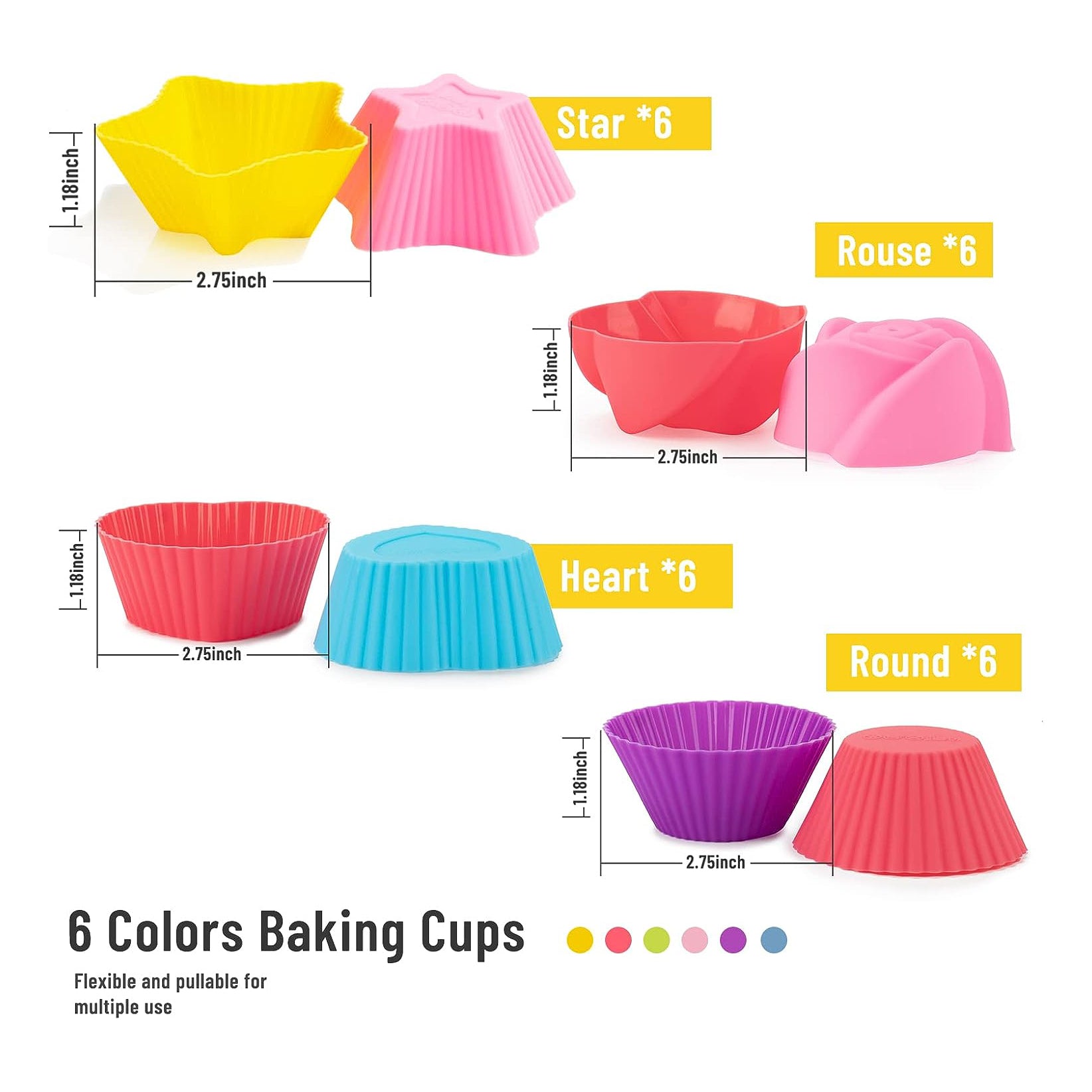 Silicone Cupcake Liners Reusable Baking Cups Nonstick Easy Clean Pastry Muffin Molds 4 Shapes Round, Stars, Heart, Flowers, 24 Pieces Colorful