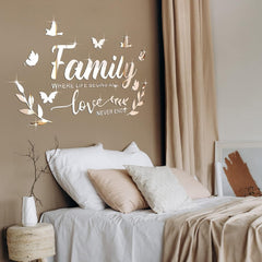 Mirror Family Wall Decor 3D Acrylic Wall Decal Stickers Family Letter Quotes Mirror Decor DIY Removable Wall Art Decals Motivational Butterfly Mural Stickers for Home Decor (Silver)