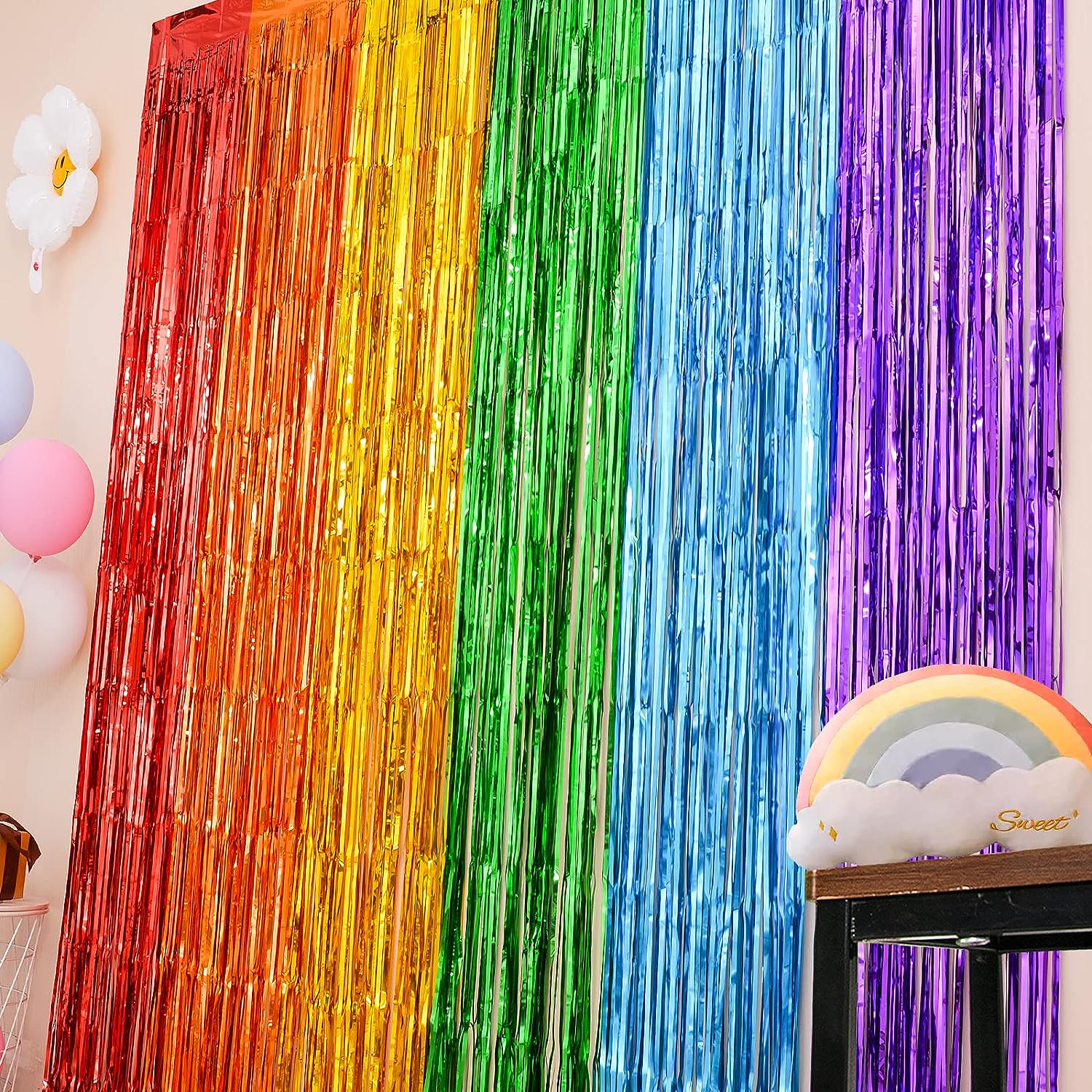 Rainbow Foil Fringe Curtains, Rainbow Party Decorations Tinsel Metallic Streamers Holiday Photo Booth Props Backdrop for Birthday Wedding Engagement Bridal Shower Unicorn