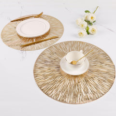 Placemats for Dining Table Set of 6 Round Hollow Out Table Mats Pressed Metallic Vinyl Plastic Place Mats Table Decoration for Holiday Wedding Accent Centerpiece(Gold Radial Circle)