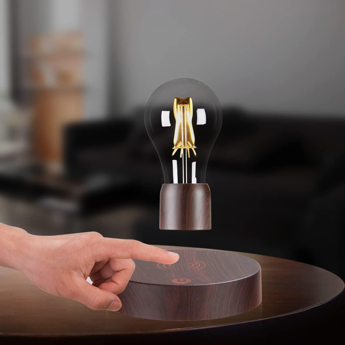 Magnetic Levitating Floating Wireless LED Light Bulb Desk Lamp for Unique Gifts, Room Decor, Night Light, Home Office Decor Desk Tech Toys (Round Wooden Base..)