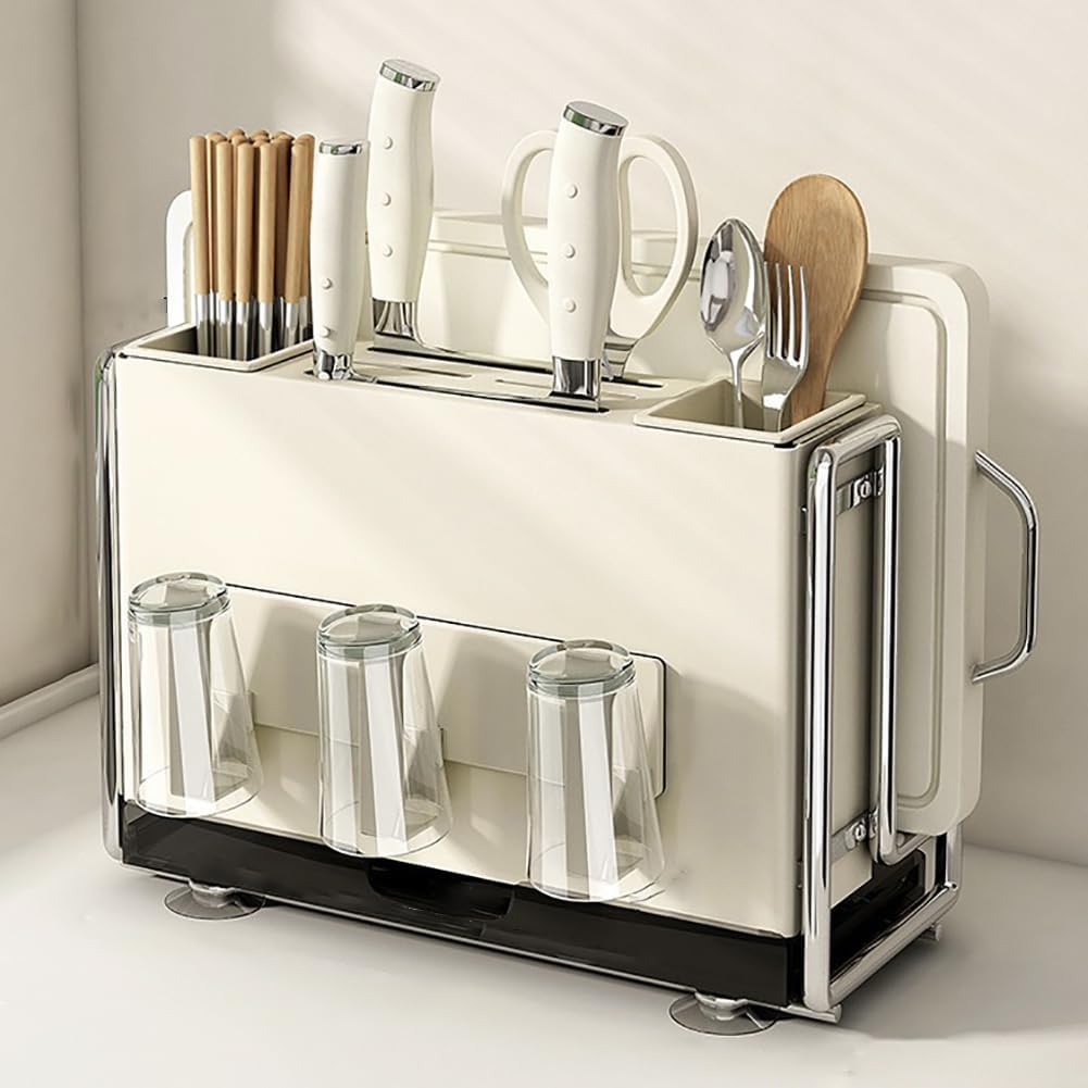 Magnetic Knife Holder, Multifunctional Integrated Storage Rack, Countertop/Wall-Mounted Dual-Purpose Knife Holder, with Drain Tray, No Installation Or Drilling Required