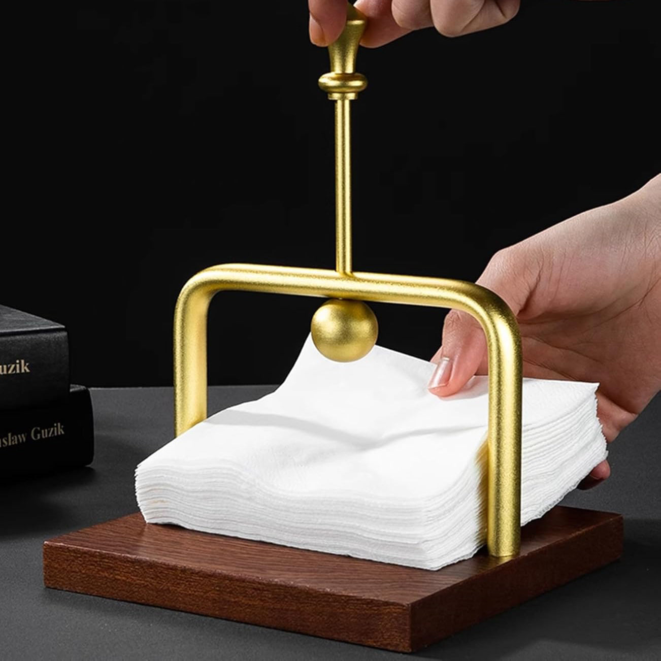 Wood Napkin Holder for Table,Tissue Dispenser Napkin Dispenser with Sophisticatedly Metal Center Bar, cocktail napkin holder for Home, Kitchen, Office, Restaurant, Hotel, Cafe, Bar