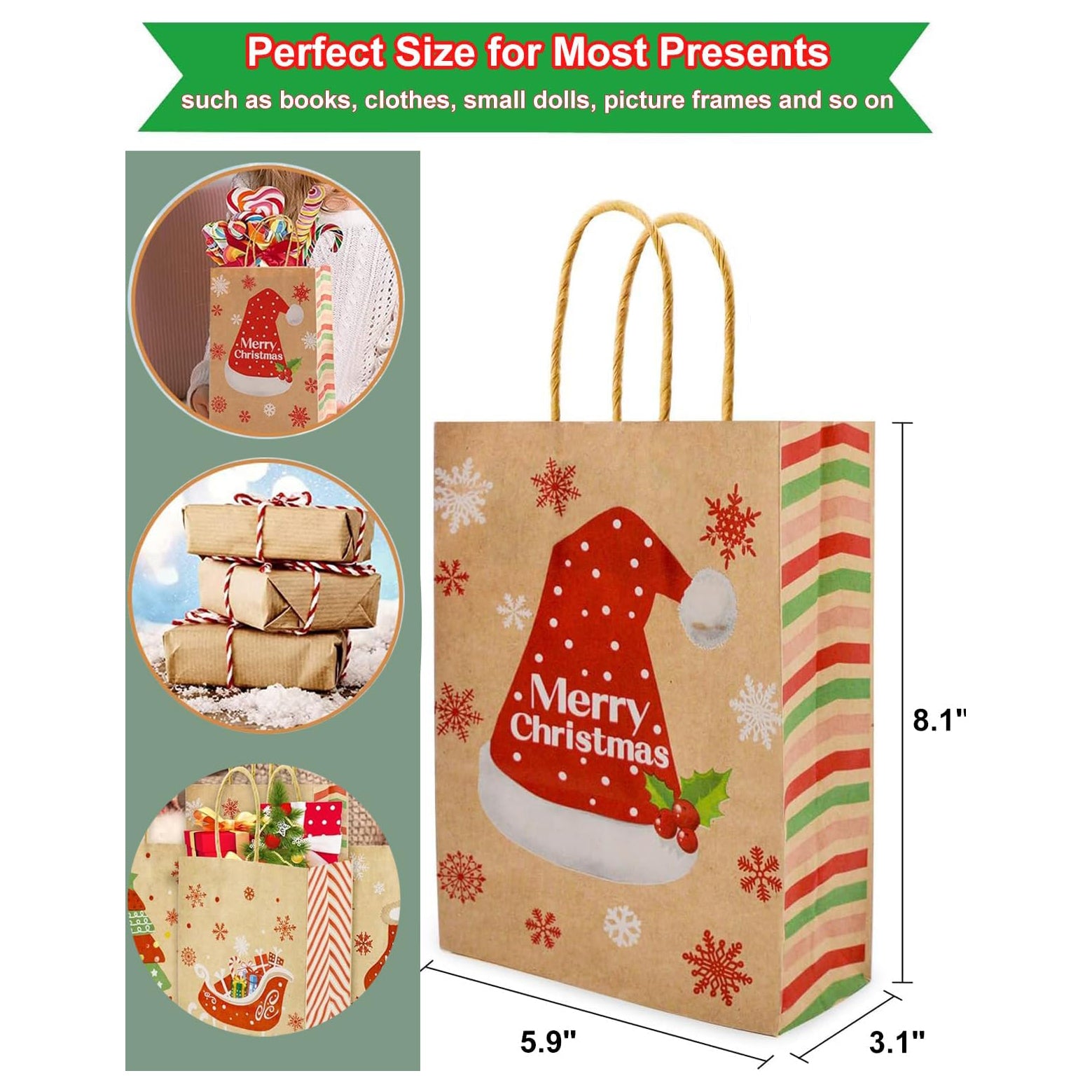 24Pcs Christmas Gift Bags Christmas Kraft Paper Bags, Christmas Goody Bags Small Christmas Gift Bags with Handles Xmas Treat Bags for Holiday Paper Gift Bags Party Gift Bags Party Supplies