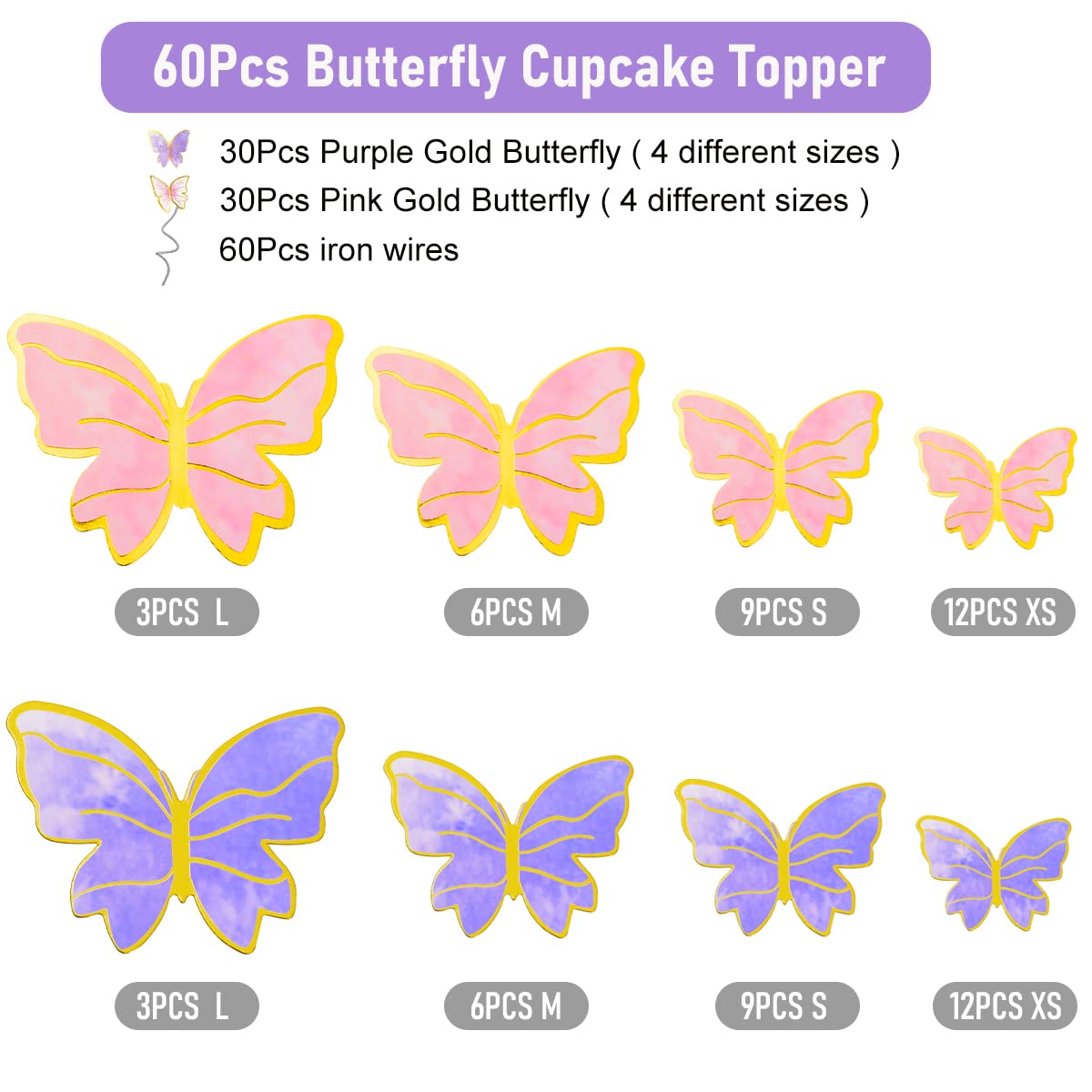 62 Pcs Butterfly Cupcake Topper Pink Purple Gold, Lively 3D Butterflies for Cake Decor Birthday Anniversary Kids Wedding Girl Women Party Wall Food Decorations,Mixed Size