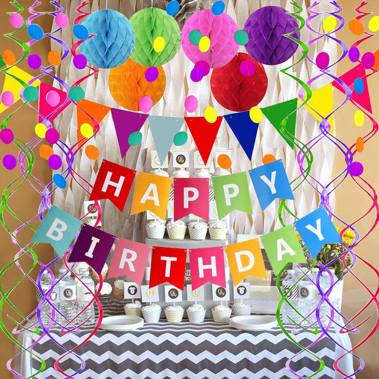 Happy Birthday Banner with Colorful Paper Flag Bunting Paper Circle Confetti Garland Swirl Streamers Honeycomb Ball for Birthday Party