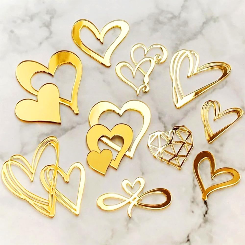 9pcs Acrylic Love Heart Cake Topper Wedding  Gold Cake Decorations Cake Decor Heart Cupcake Toppers Cake Insert for Birthday Anniversary Engagement Valentine's Day Party Supplies