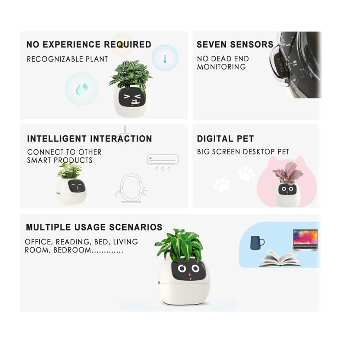 Smart Plant Pot, Smart Flowerpots, Intelligent Planter, with 49 Rich Expressions, 7 Smart sensors, AI Chips, LCD Screen Display, APP Control, Smart Expression, Time Date Weather Display