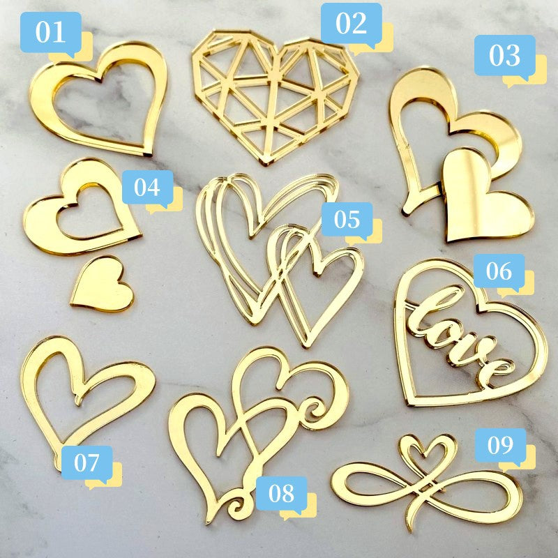 9pcs Acrylic Love Heart Cake Topper Wedding  Gold Cake Decorations Cake Decor Heart Cupcake Toppers Cake Insert for Birthday Anniversary Engagement Valentine's Day Party Supplies