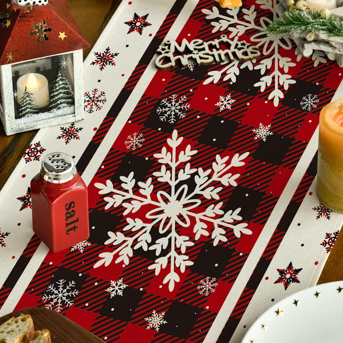 Buffalo Plaid Snowflakes Christmas Table Runner, Seasonal Winter Kitchen Dining Table Decoration for Home Party Decor