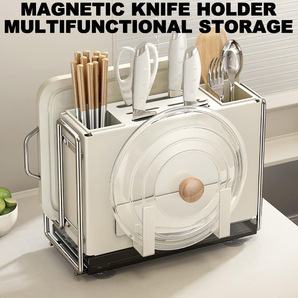 Magnetic Knife Holder, Multifunctional Integrated Storage Rack, Countertop/Wall-Mounted Dual-Purpose Knife Holder, with Drain Tray, No Installation Or Drilling Required