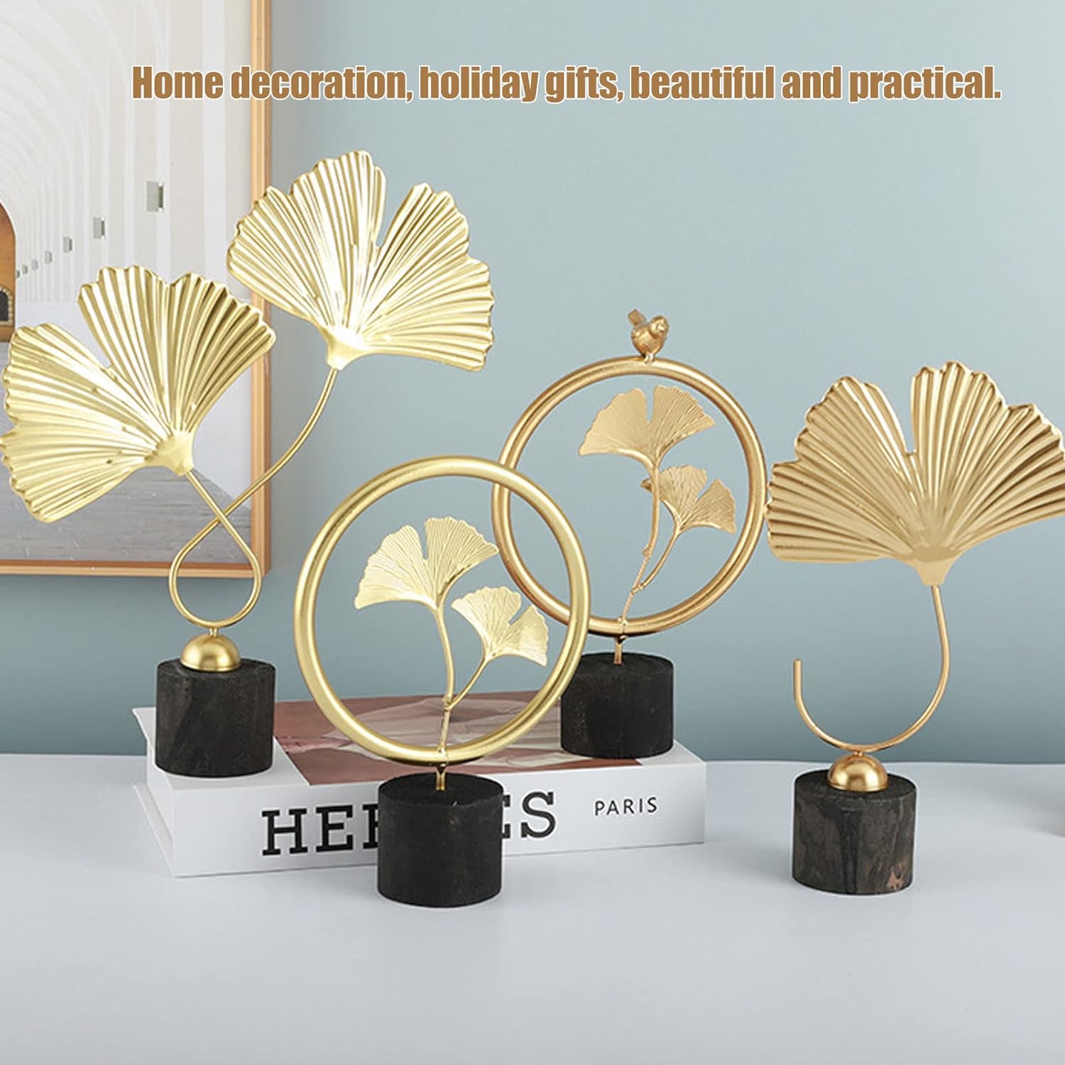 Gold Ginkgo Leaf Ornaments, Simple Gold Ginkgo Leaf Desktop Decoration, Metal Iron Golden Ginkgo Sculpture with Wood Base for Office Living Room Decoration