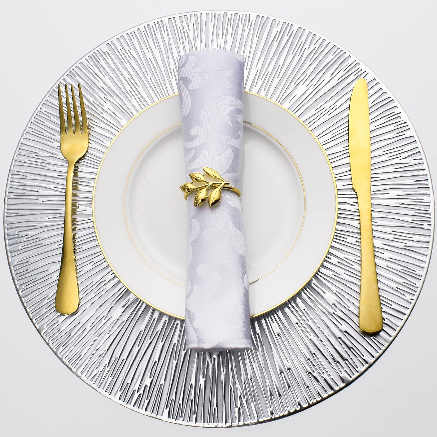 Placemats for Dining Table Set of 6 Round Hollow Out Table Mats Pressed Metallic Vinyl Plastic Place Mats Table Decoration for Holiday Wedding Accent Centerpiece(Gold Radial Circle)