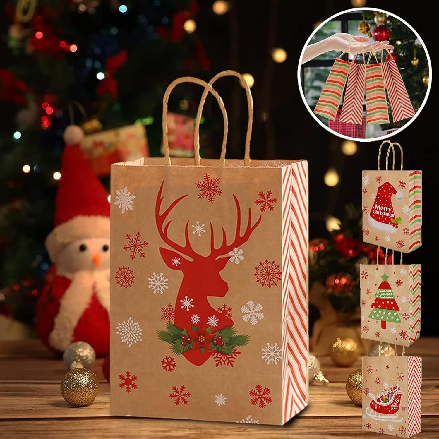 24Pcs Christmas Gift Bags Christmas Kraft Paper Bags, Christmas Goody Bags Small Christmas Gift Bags with Handles Xmas Treat Bags for Holiday Paper Gift Bags Party Gift Bags Party Supplies