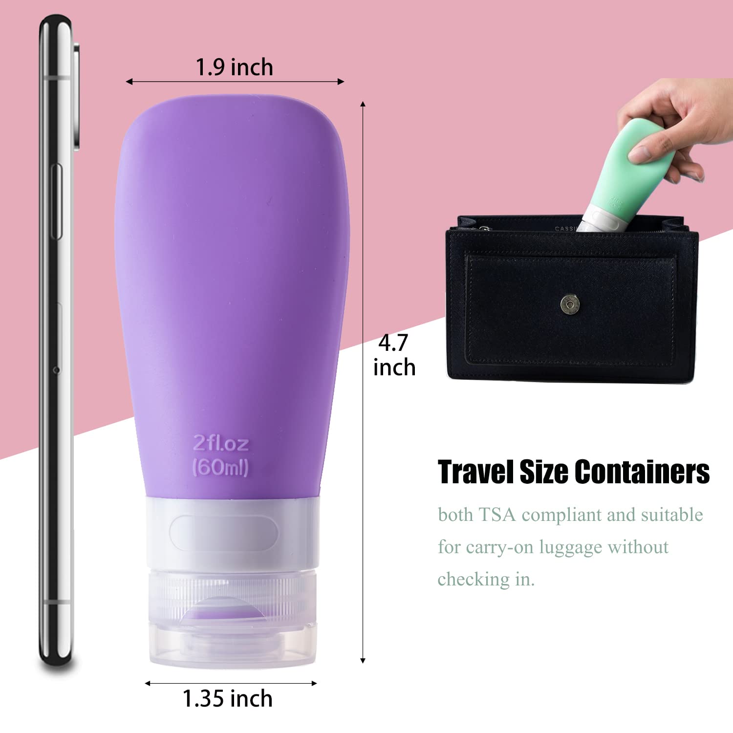 Leak Proof Travel Bottles, TSA Approved Silicone Squeezable Shampoo Refillable Toiletry Cosmetic Container, 2oz Portable