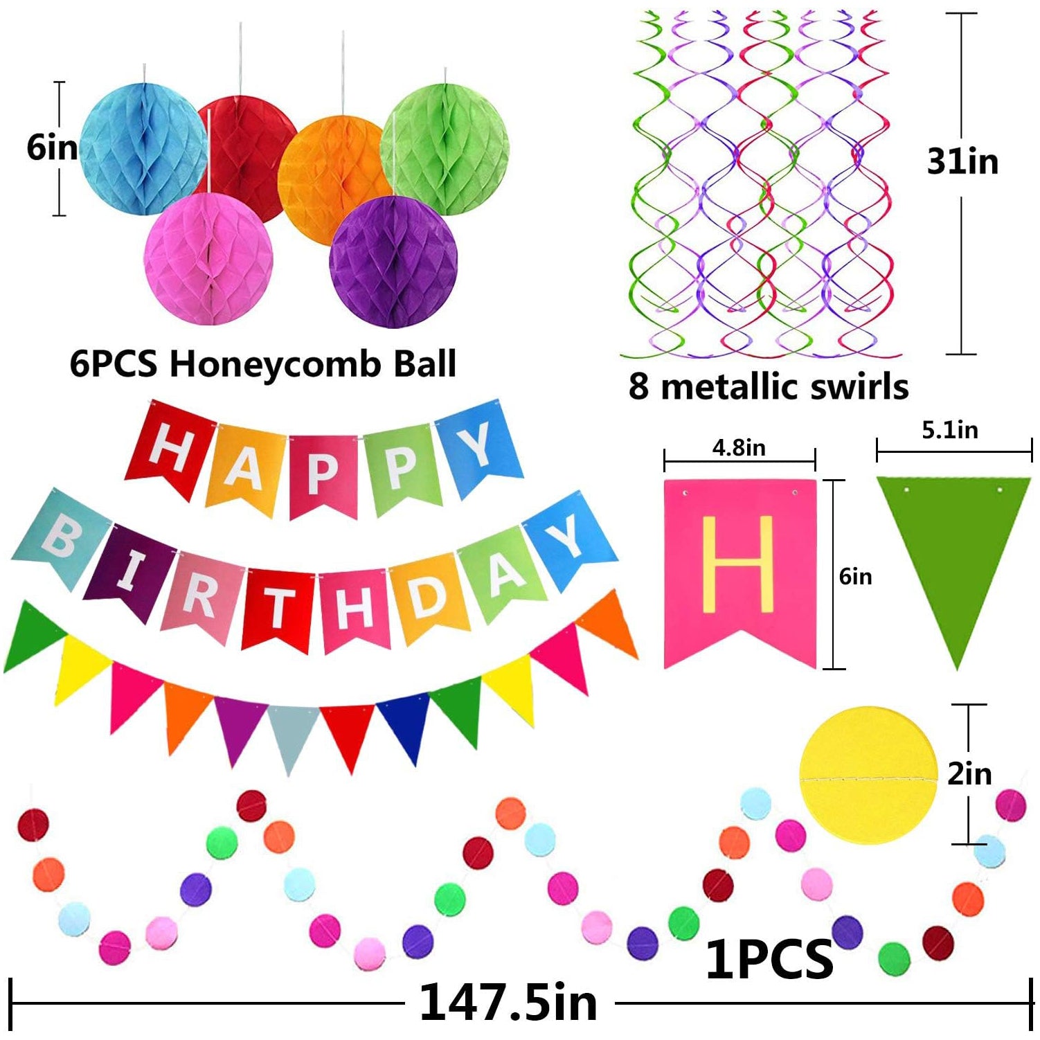 Happy Birthday Banner with Colorful Paper Flag Bunting Paper Circle Confetti Garland Swirl Streamers Honeycomb Ball for Birthday Party