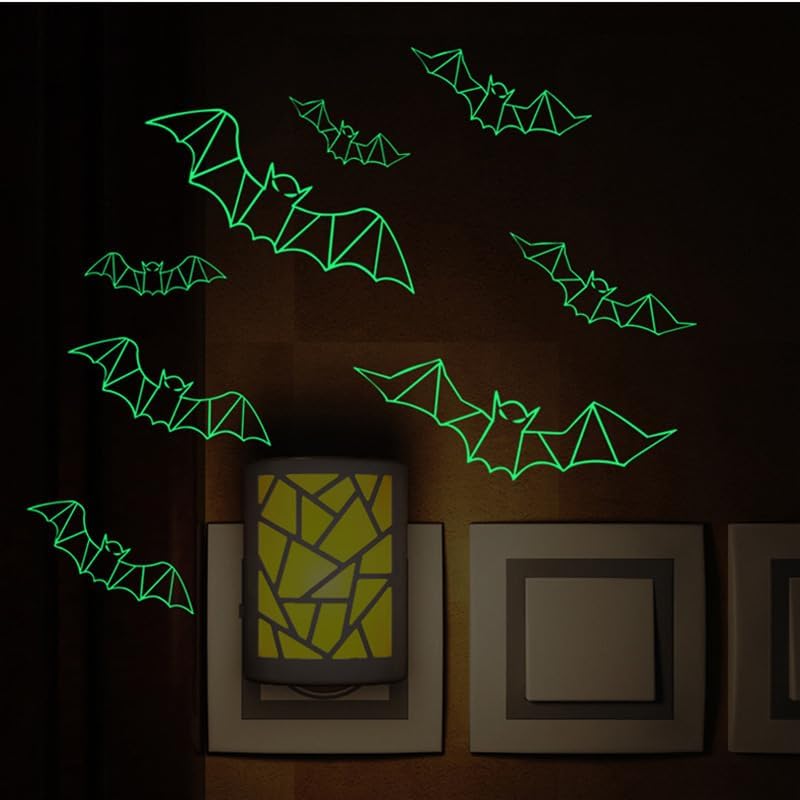 Halloween Bat Decorations - 24PCS Green Glowing Bats, DIY Window Wall Stickers, Reusable PVC 3D Bats Stickers for Bathroom Indoor Hallowmas Party Supplies